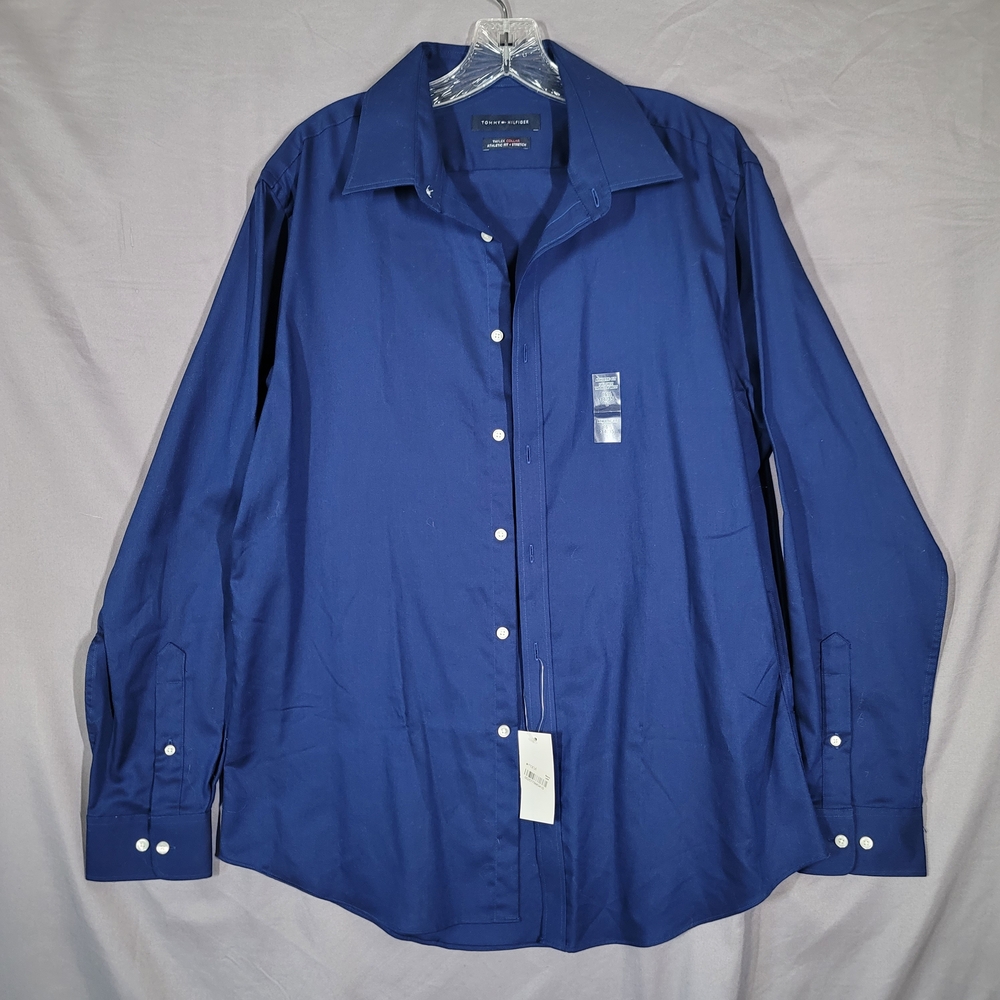 NWT Tommy Hilfiger Dress Shirt THFlex Athletic Fit Blue L 16.5 $79 Retail